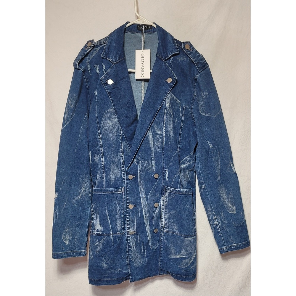 NWT GIOVANCO Women's Denim Jean Jacket Long Med Wash Distressed Paint Brush 3XL